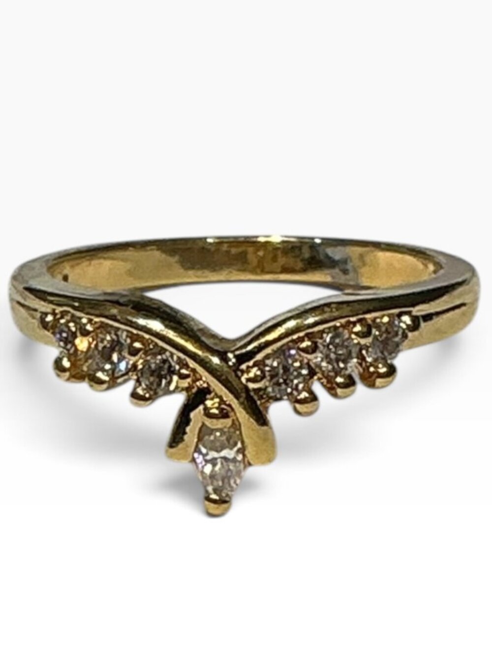 Vintage NV Signed Gold Tone Clear Rhinestone Wishbone Ring Size 6